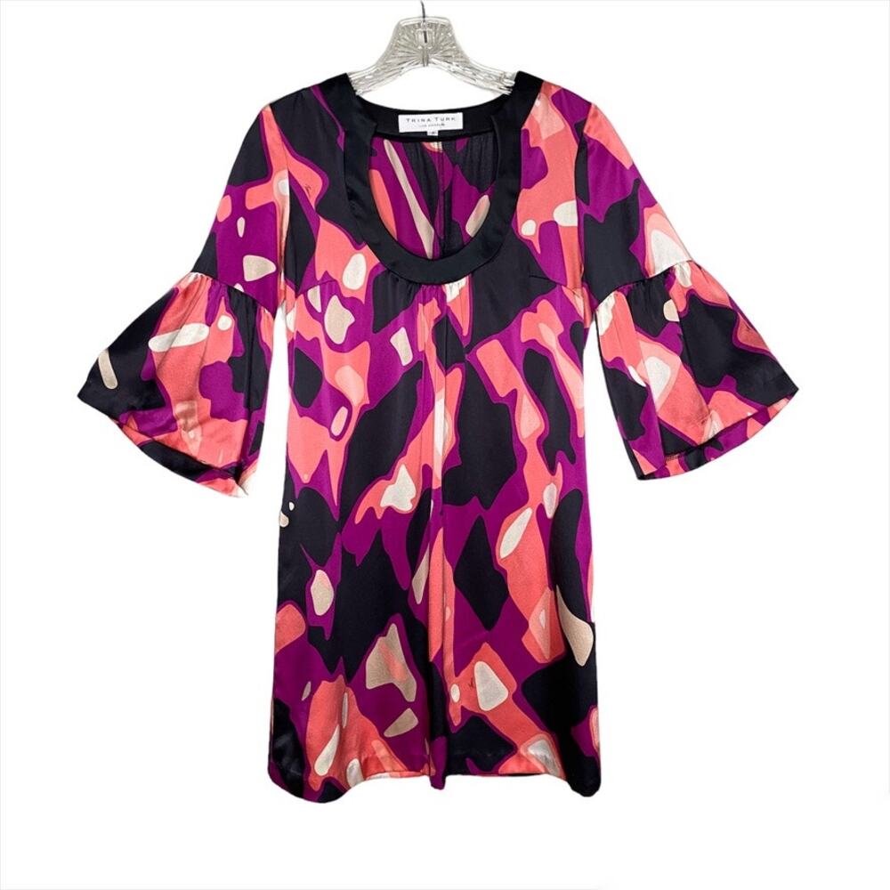 Trina Turk Bell Sleeve Silk Mini Cocktail Party Dress Purple Pink Size 2